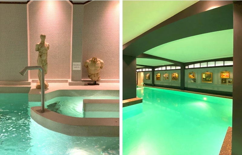 Spa et piscine avec des statues et des peintures tout autour