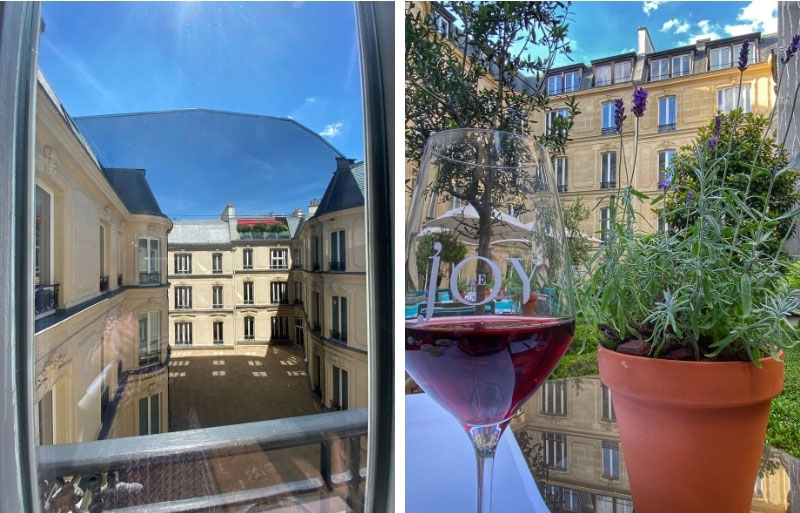 un mur de miroirs de 18m de haut dans une cour de l'hôtel Fouquet's Paris