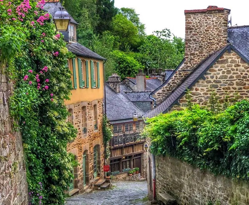 Vue d'une colline pavée escarpée bordée de maisons anciennes dégoulinant de roses en fleurs, Dinan, Bretagne
