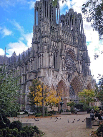 Reims Cathedral in spring, towering and gothic