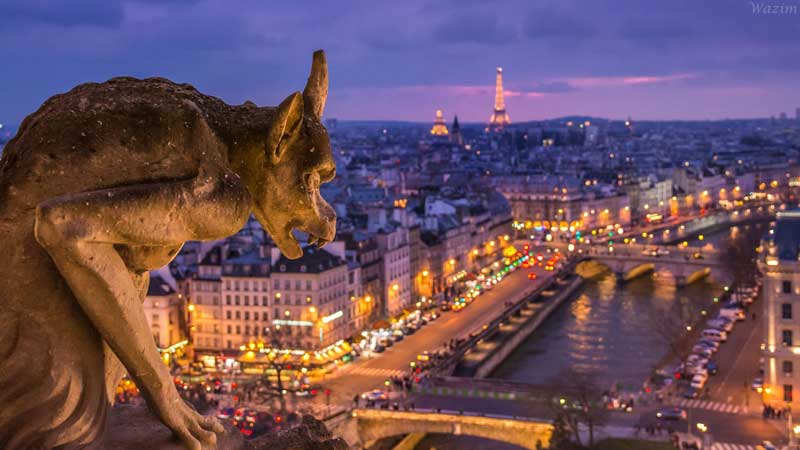 Gargouille en pierre aux oreilles pointues sur le toit de la cathédrale Notre-Dame surplombant Paris