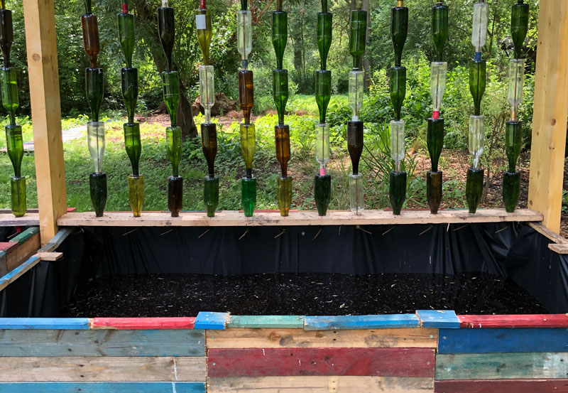 Bouteilles de vin recyclées utilisées pour recueillir l'eau de pluie dans une installation artistique à Amiens, France