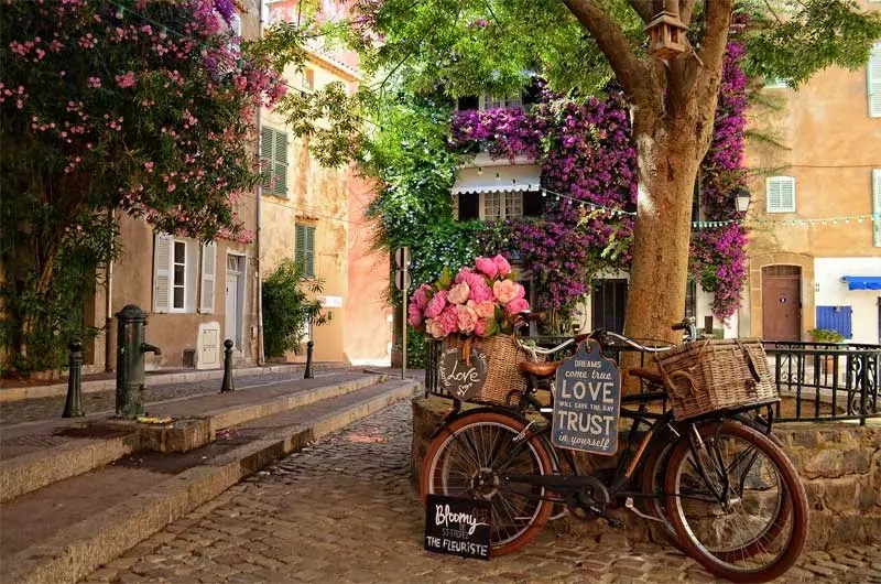 Pousser le vélo avec un panier plein de fleurs sur une place ombragée à St Tropez, France