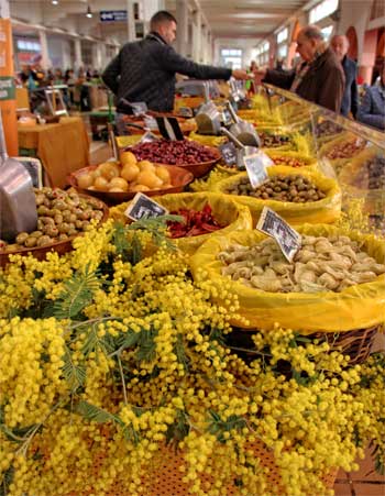 Bouquets de mimosa exposés à une échoppe de marché à Cannes, France