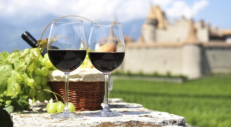 Vin rouge et raisins contre un vieux château.